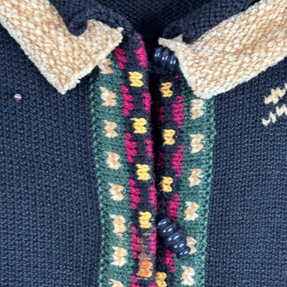 VTG 90s Christine Foley Christmas Cardigan Sweater 2 Black Reindeer Fair Isle - Picture 3 of 11